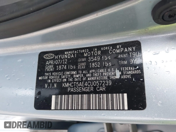 2012 Hyundai Accent GS with VIN KMHCT5AE4CU057239, listed as a IAAI auction lot 42267212 with 99,446 mi miles and . Bid and sale history available at DreamBid. Image 9.