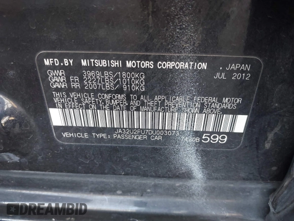 2013 Mitsubishi Lancer ES with VIN JA32U2FU7DU003073, listed as a IAAI auction lot 39353415 with 147,283 mi miles and . Bid and sale history available at DreamBid. Image 9.