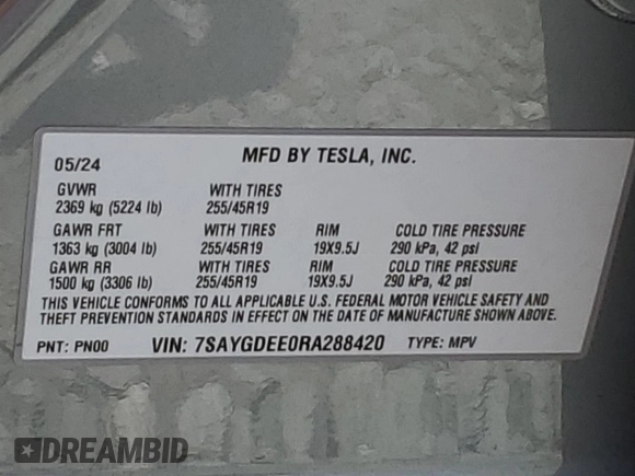 2024 Tesla Model Y Long Range with VIN 7SAYGDEE0RA288420, listed as a Copart auction lot 59159015 with 7,831 mi miles and Salvage title. Bid and sale history available at DreamBid. Image 12.