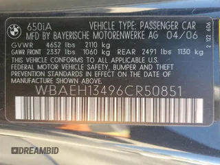 2006 BMW 6 Series 650Ci with VIN WBAEH13496CR50851, listed as a Copart auction lot 87455644 with 57,481 mi miles and Salvage Title. Bid and sale history available at carsss.com. Image 14.