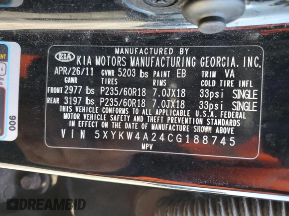 2012 Kia Sorento SX with VIN 5XYKW4A24CG188745, listed as a Copart auction lot 47576515 with 221,592 mi miles and Salvage Title. Bid and sale history available at carsss.com. Image 12.