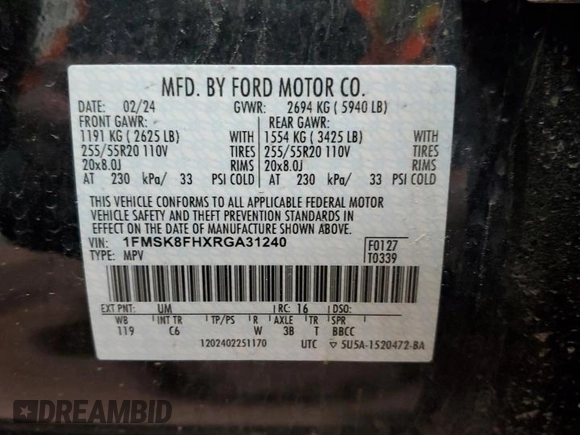 2024 Ford Explorer Limited with VIN 1FMSK8FHXRGA31240, listed as a Copart auction lot 48231995 with 19,809 mi miles and Clean Title. Bid and sale history available at carsss.com. Image 14.
