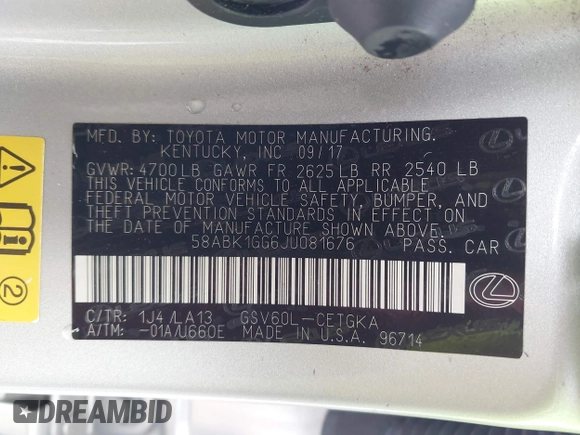 2018 Lexus ES with VIN 58ABK1GG6JU081676, listed as a IAAI auction lot 41996905 with 81,973 mi miles. Bid and sale history available at carsss.com. Image 9.