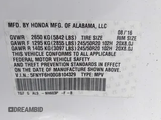 2016 Honda Pilot Elite with VIN 5FNYF6H00GB104329, listed as a IAAI auction lot 41905390 with 125,501 mi miles. Bid and sale history available at carsss.com. Image 9.