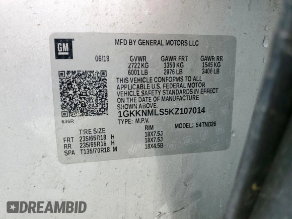 2019 GMC Acadia SLT with VIN 1GKKNMLS5KZ107014, listed as a Copart auction lot 54954545 with 135,107 mi miles and Salvage Title. Bid and sale history available at DreamBid. Image 13.