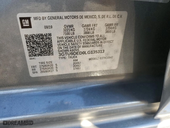 2020 GMC Sierra 1500 SLT with VIN 3GTU9DED0LG135313, listed as a Copart auction lot 81136554 with 71,702 mi miles and Salvage Title. Bid and sale history available at carsss.com. Image 12.