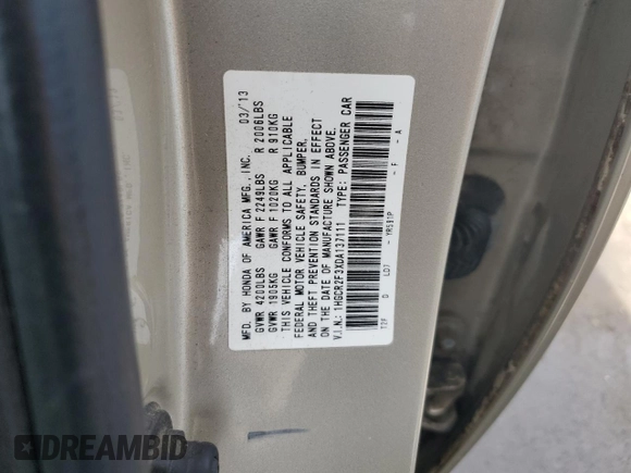 2013 Honda Accord LX z VIN 1HGCR2F3XDA137111, wystawiony jako Copart lot #56343035 z przebiegiem 125 477 mil mil oraz Szkoda całkowita • Salvage title. Historia ofert i sprzedaży dostępna na DreamBid. Obrazek 12.