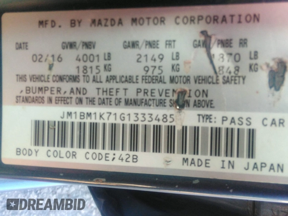 2016 Mazda 3 i Sport with VIN JM1BM1K71G1333485, listed as a IAAI auction lot 35517579 with 178,962 mi miles and . Bid and sale history available at DreamBid. Image 9.