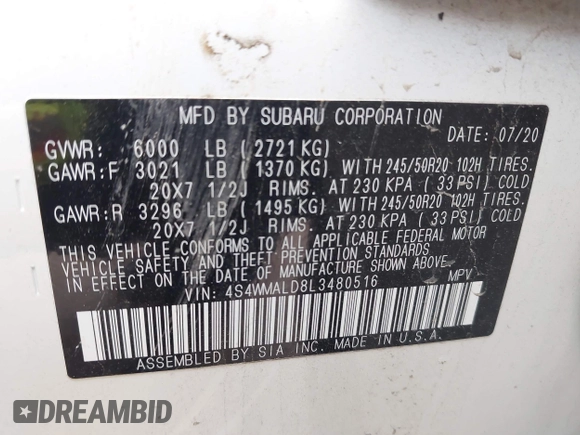 2020 Subaru Ascent Limited with VIN 4S4WMALD8L3480516, listed as a IAAI auction lot 42246958 with 66,389 mi miles and . Bid and sale history available at DreamBid. Image 9.