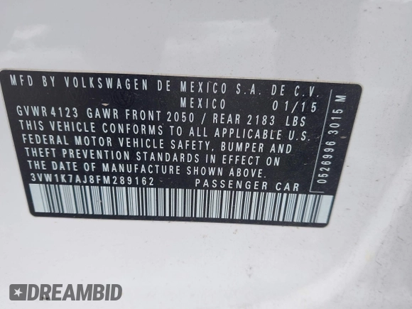 2015 Volkswagen Jetta S with VIN 3VW1K7AJ8FM289162, listed as a IAAI auction lot 41251186 with 82,942 mi miles and . Bid and sale history available at DreamBid. Image 9.