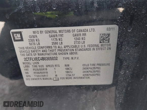 2011 GMC Terrain SLT-1 with VIN 2CTFLVEC4B6365832, listed as a IAAI auction lot 41888924 with 168,823 mi miles and . Bid and sale history available at DreamBid. Image 9.