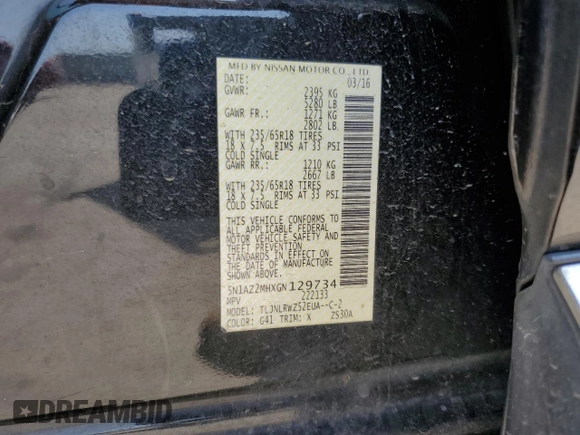 2016 Nissan Murano SL z VIN 5N1AZ2MHXGN129734, wystawiony jako Copart lot #51415795 z przebiegiem 184 290 mil mil oraz Szkody całkowita. Historia ofert i sprzedaży dostępna na DreamBid. Obrazek 14.