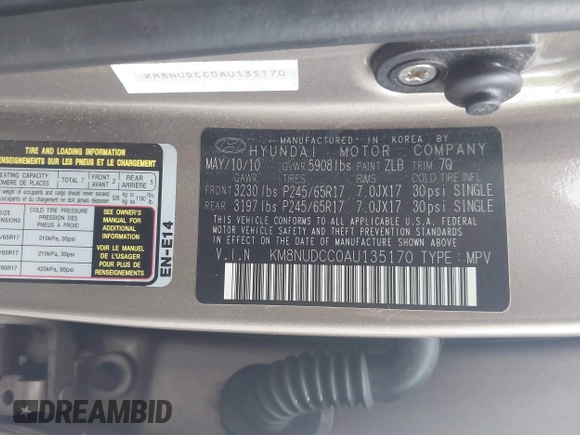2010 Hyundai Veracruz Limited with VIN KM8NUDCC0AU135170, listed as a IAAI auction lot 41812802 with 102,438 mi miles and . Bid and sale history available at DreamBid. Image 9.