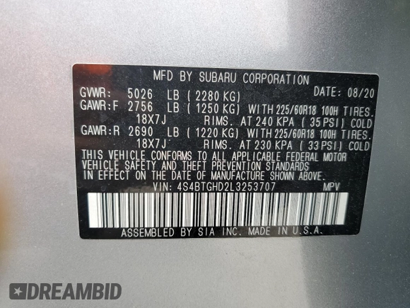 2020 Subaru Outback z VIN 4S4BTGHD2L3253707, wystawiony jako Copart lot #68505013 z przebiegiem 43 821 mil mil oraz . Historia ofert i sprzedaży dostępna na DreamBid. Obrazek 12.