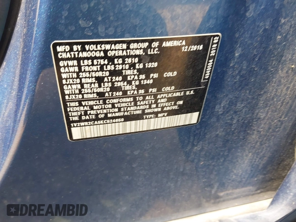 2019 Volkswagen Atlas SE z VIN 1V2WR2CA5KC524650, wystawiony jako IAAI lot #42217791 z przebiegiem 92 571 mil mil oraz . Historia ofert i sprzedaży dostępna na DreamBid. Obrazek 9.
