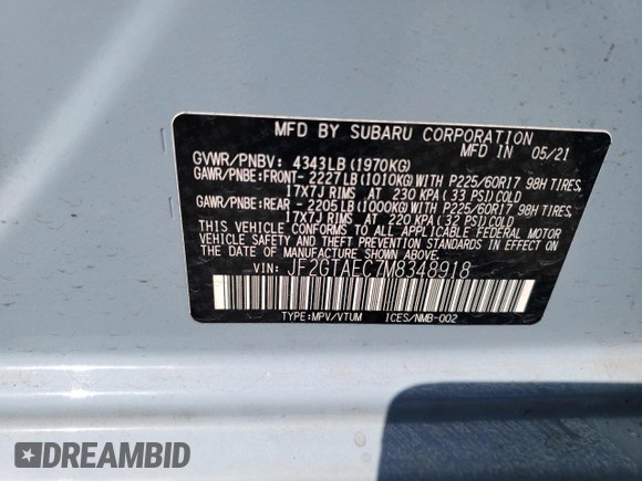 2021 Subaru Crosstrek Premium z VIN JF2GTAEC7M8348918, wystawiony jako Copart lot #59031265 z przebiegiem 10 646 mil mil oraz Szkoda całkowita • Salvage title. Historia ofert i sprzedaży dostępna na DreamBid. Obrazek 13.