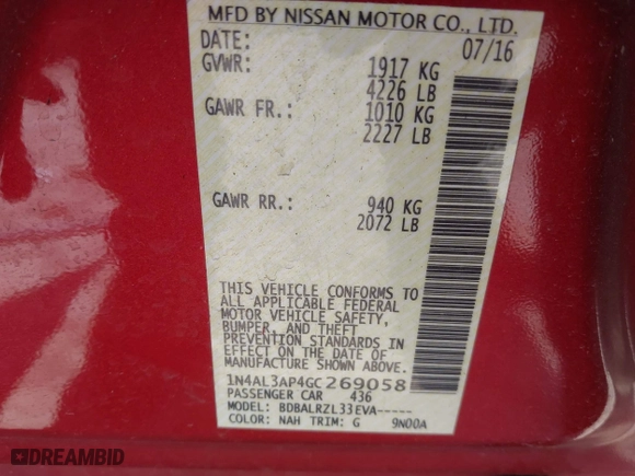 2016 Nissan Altima 2.5 SR with VIN 1N4AL3AP4GC269058, listed as a IAAI auction lot 41961154 with 1 mi miles. Bid and sale history available at carsss.com. Image 9.