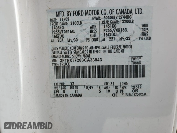 2003 Ford F-150 XL with VIN 2FTRX17283CA33843, listed as a Copart auction lot 50895714 with 115,681 mi miles and Salvage Title. Bid and sale history available at carsss.com. Image 14.