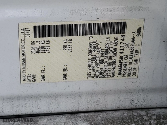 2017 Nissan Maxima Platinum with VIN 1N4AA6AP5HC411748, listed as a Copart auction lot 72342104 with 128,788 mi miles and Salvage Title. Bid and sale history available at carsss.com. Image 12.