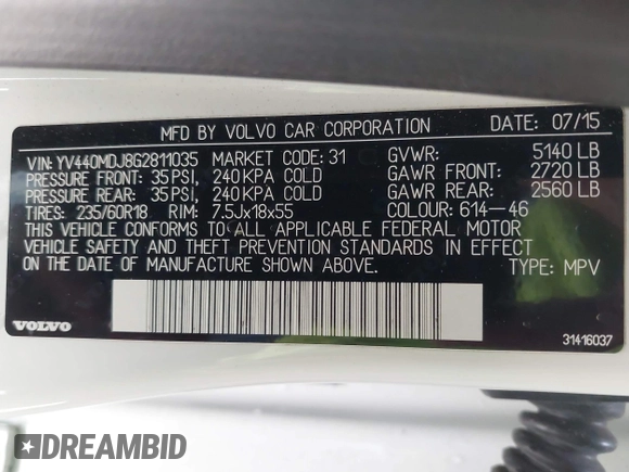 2016 Volvo XC60 T5 Drive-E z VIN YV440MDJ8G2811035, wystawiony jako IAAI lot #42124789 z przebiegiem 105 710 mil mil oraz . Historia ofert i sprzedaży dostępna na DreamBid. Obrazek 9.