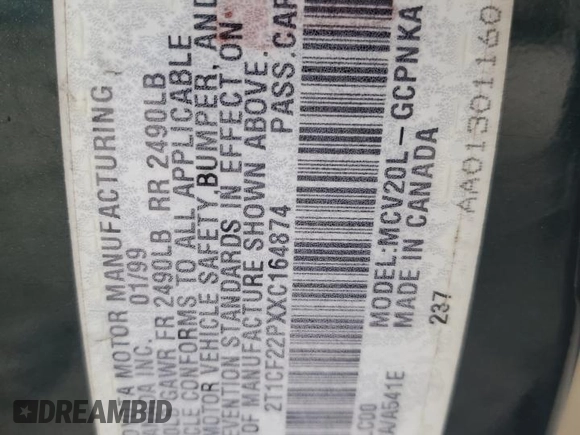 1999 Toyota Solara SE with VIN 2T1CF22PXXC164874, listed as a Copart auction lot 43596255 with Not Provided miles and Salvage Title. Bid and sale history available at DreamBid. Image 13.