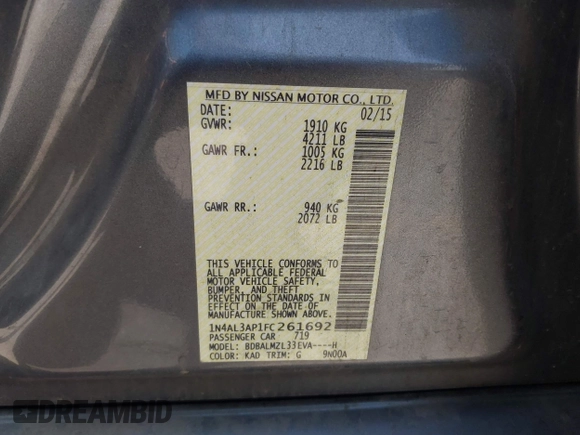 2015 Nissan Altima SV z VIN 1N4AL3AP1FC261692, wystawiony jako IAAI lot #42378146 z przebiegiem 215 563 mil mil oraz . Historia ofert i sprzedaży dostępna na DreamBid. Obrazek 9.