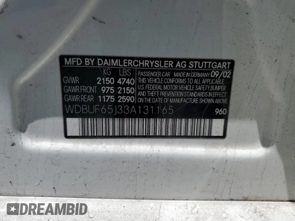 2003 Mercedes-Benz E 320 z VIN WDBUF65J33A131165, wystawiony jako Copart lot #58380895 z przebiegiem Nie podano mil oraz Szkoda całkowita • Salvage title. Historia ofert i sprzedaży dostępna na DreamBid. Obrazek 13.