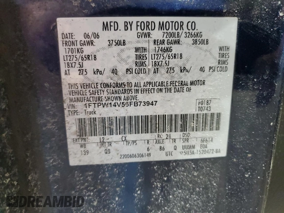 2006 Ford F-150 XLT with VIN 1FTPW14V56FB73947, listed as a Copart auction lot 48334275 with 147,256 mi miles and Salvage Title. Bid and sale history available at carsss.com. Image 12.