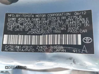 2012 Toyota Prius z VIN JTDKN3DP0C3017886, wystawiony jako IAAI lot #41966038 z przebiegiem 41 923 mil mil oraz . Historia ofert i sprzedaży dostępna na DreamBid. Obrazek 9.