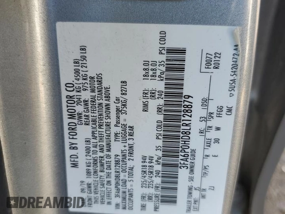 2020 Ford Fusion SE with VIN 3FA6P0HD8LR128879, listed as a Copart auction lot 89090425 with 129,784 mi miles and Salvage Title. Bid and sale history available at carsss.com. Image 12.