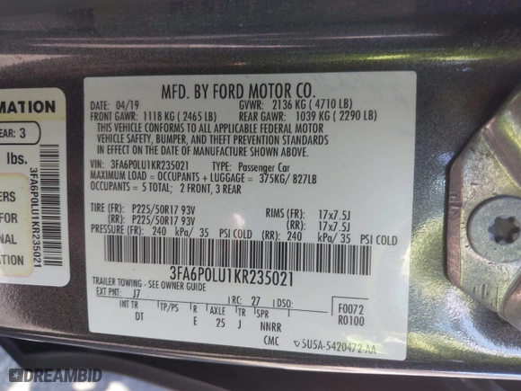 2019 Ford Fusion Hybrid SE with VIN 3FA6P0LU1KR235021, listed as a IAAI auction lot 41660786 with 93,331 mi miles. Bid and sale history available at carsss.com. Image 9.