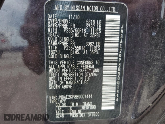 2011 Nissan Quest SL z VIN JN8AE2KP8B9001444, wystawiony jako Copart lot #55013185 z przebiegiem 216 290 mil mil oraz Szkoda całkowita • Salvage title. Historia ofert i sprzedaży dostępna na DreamBid. Obrazek 14.