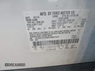 2014 Ford Explorer with VIN 1FM5K8B88EGB87547, listed as a IAAI auction lot 41285521 with 152,889 mi miles and . Bid and sale history available at carsss.com. Image 9.
