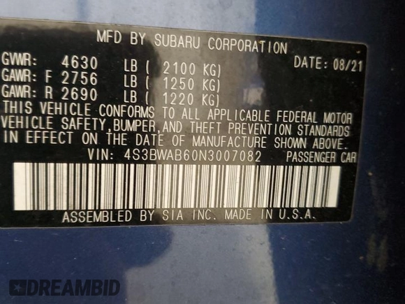 2022 Subaru Legacy with VIN 4S3BWAB60N3007082, listed as a Copart auction lot 77768004 with 70,020 mi miles and Salvage title. Bid and sale history available at DreamBid. Image 12.