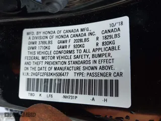 2019 Honda Civic Sedan LX with VIN 2HGFC2F63KH506477, listed as a IAAI auction lot 41934962 with 40,997 mi miles. Bid and sale history available at carsss.com. Image 9.
