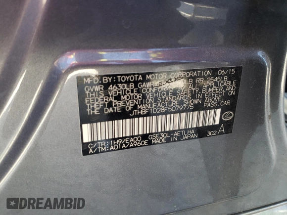 2015 Lexus IS 250 with VIN JTHBF1D28F5079775, listed as a Copart auction lot 57667535 with 182,851 mi miles and Non repairable. Bid and sale history available at DreamBid. Image 13.
