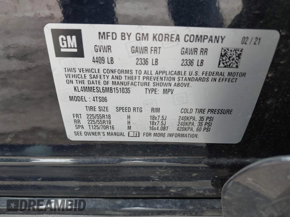 2021 Buick Encore GX Select with VIN KL4MMESL6MB151035, listed as a IAAI auction lot 42802821 with 91,341 mi miles and . Bid and sale history available at DreamBid. Image 9.