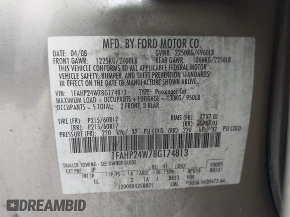 2008 Ford Taurus SEL z VIN 1FAHP24W78G174813, wystawiony jako IAAI lot #42482599 z przebiegiem 154 115 mil mil oraz . Historia ofert i sprzedaży dostępna na DreamBid. Obrazek 9.