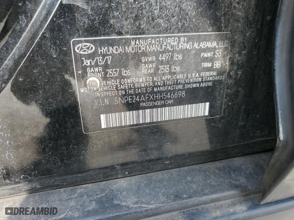 2017 Hyundai Sonata 2.4L with VIN 5NPE24AFXHH546698, listed as a Copart auction lot 51631575 with 0 mi miles and Clean Title. Bid and sale history available at carsss.com. Image 12.