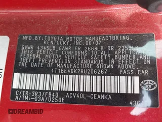 2008 Toyota Camry LE with VIN 4T1BE46K28U206267, listed as a IAAI auction lot 42087445 with 206,166 mi miles and . Bid and sale history available at DreamBid. Image 9.
