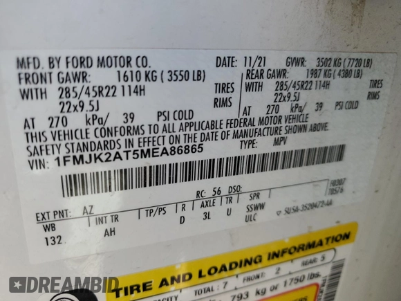 2021 Ford Expedition Max Limited с VIN 1FMJK2AT5MEA86865, выставлен на аукционе Copart как лот 48806915 с пробегом 90 635 миль миль и Чистый • Clean title. История ставок и продаж доступна на DreamBid. Изображение 13.
