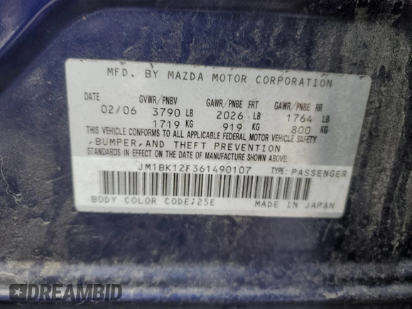 2006 Mazda 3 i with VIN JM1BK12F361490107, listed as a Copart auction lot 86962344 with 209,313 mi miles and Salvage Title. Bid and sale history available at carsss.com. Image 12.