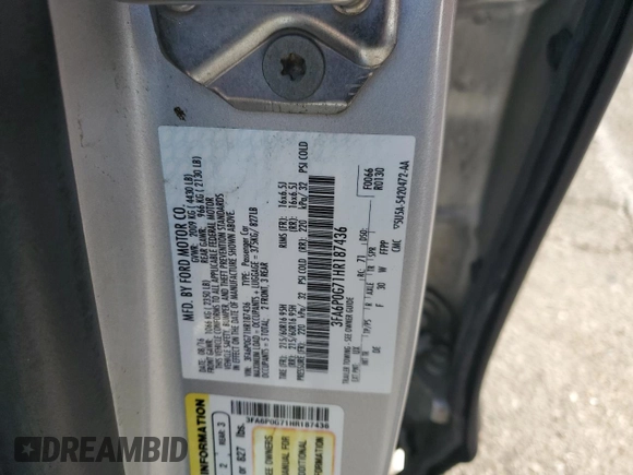 2017 Ford Fusion S with VIN 3FA6P0G71HR187436, listed as a Copart auction lot 82978974 with Not Provided miles and Clean Title. Bid and sale history available at DreamBid. Image 12.