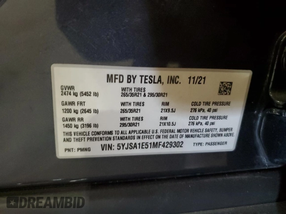 2021 Tesla Model S Long Range with VIN 5YJSA1E51MF429302, listed as a Copart auction lot 58242465 with 148,472 mi miles and Salvage title. Bid and sale history available at DreamBid. Image 13.