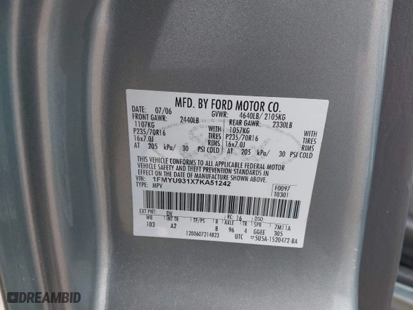 2007 Ford Escape XLT with VIN 1FMYU931X7KA51242, listed as a IAAI auction lot 41606245 with 1 mi miles. Bid and sale history available at carsss.com. Image 9.