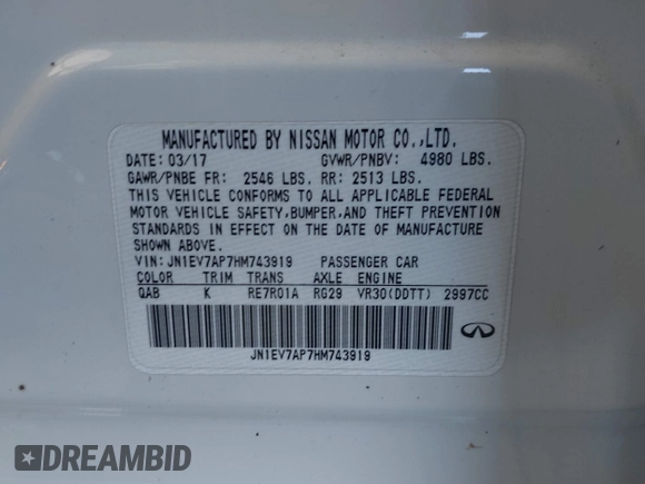 2017 Infiniti Q50 Signature Edition with VIN JN1EV7AP7HM743919, listed as a IAAI auction lot 41664683 with 86,460 mi miles and . Bid and sale history available at DreamBid. Image 9.