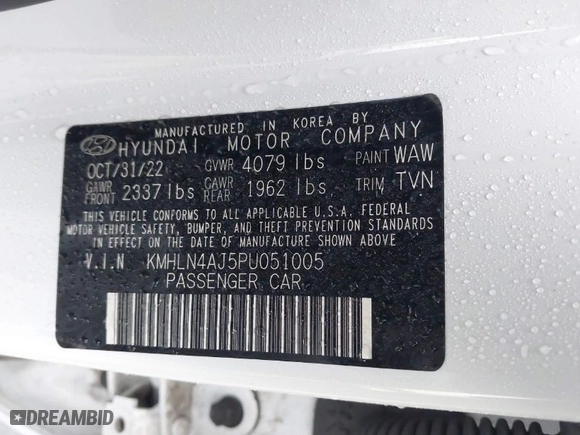 2023 Hyundai Elantra Hybrid Limited with VIN KMHLN4AJ5PU051005, listed as a IAAI auction lot 41567780 with 39,524 mi miles. Bid and sale history available at carsss.com. Image 9.