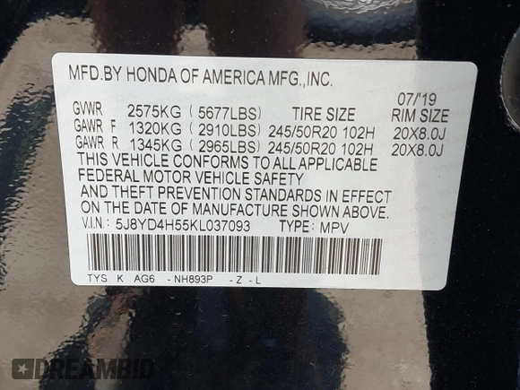 2019 Acura MDX Technology with VIN 5J8YD4H55KL037093, listed as a IAAI auction lot 42497673 with 43,630 mi miles and . Bid and sale history available at DreamBid. Image 9.