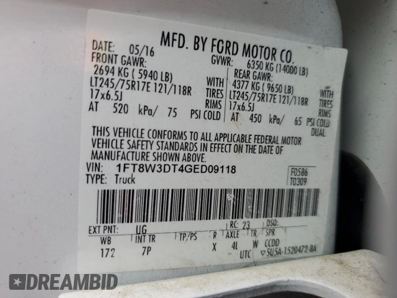 2016 Ford F-350 Lariat with VIN 1FT8W3DT4GED09118, listed as a Copart auction lot 50782895 with 412,336 mi miles and Salvage title. Bid and sale history available at DreamBid. Image 14.