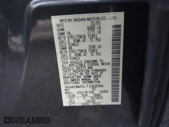 2005 Nissan Pathfinder SE with VIN 5N1AR18W45C726096, listed as a IAAI auction lot 41265086 with 209,183 mi miles and . Bid and sale history available at DreamBid. Image 9.